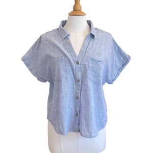 Beach Lunch Lounge Linen Blend Blue Stripe Short Sleeve Button Down Shirt, XL